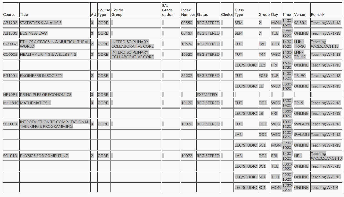 NTU Class Schedule Generator for Calendar